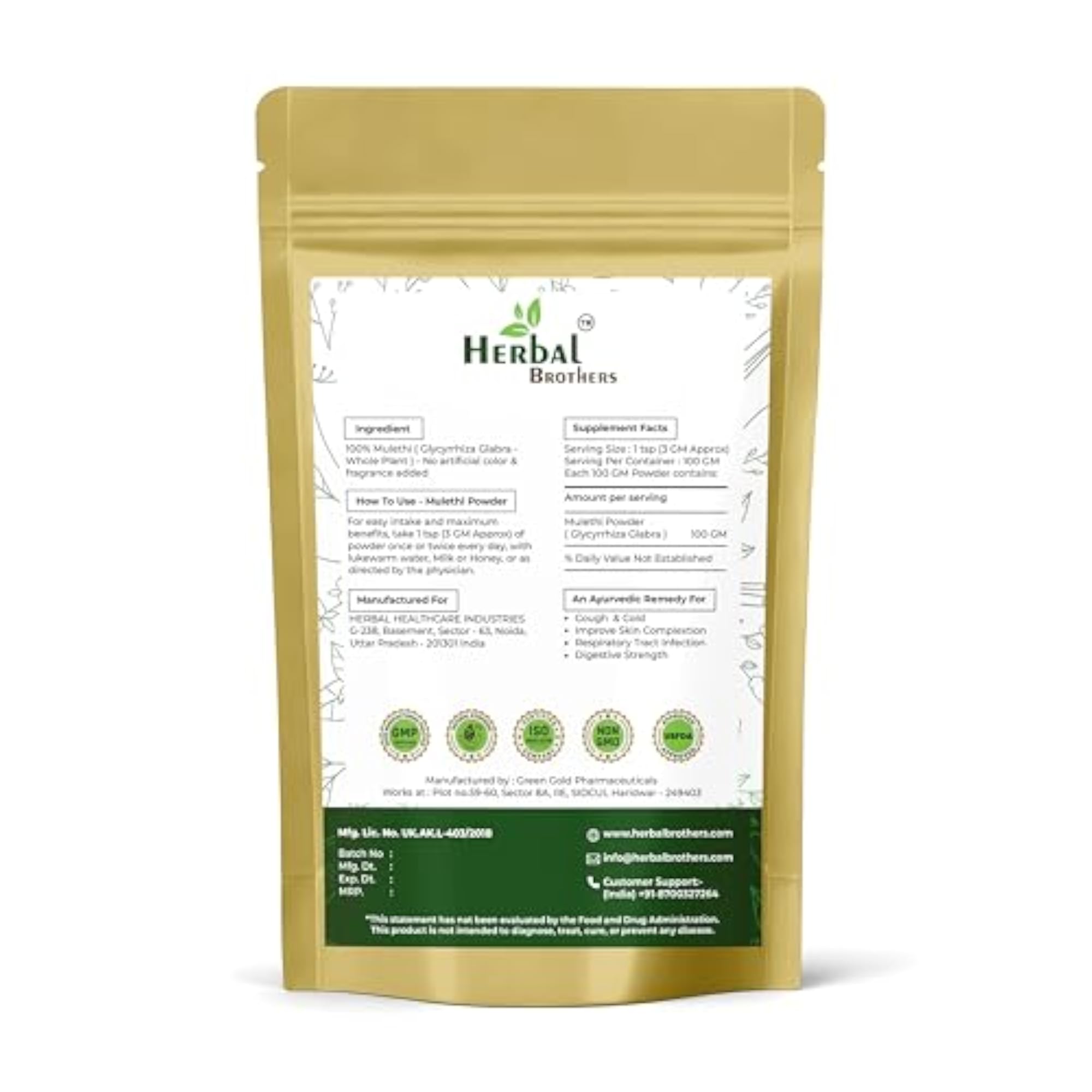 HERBAL BROTHERS Mulethi Powder, 100% Pure, 100 Grams